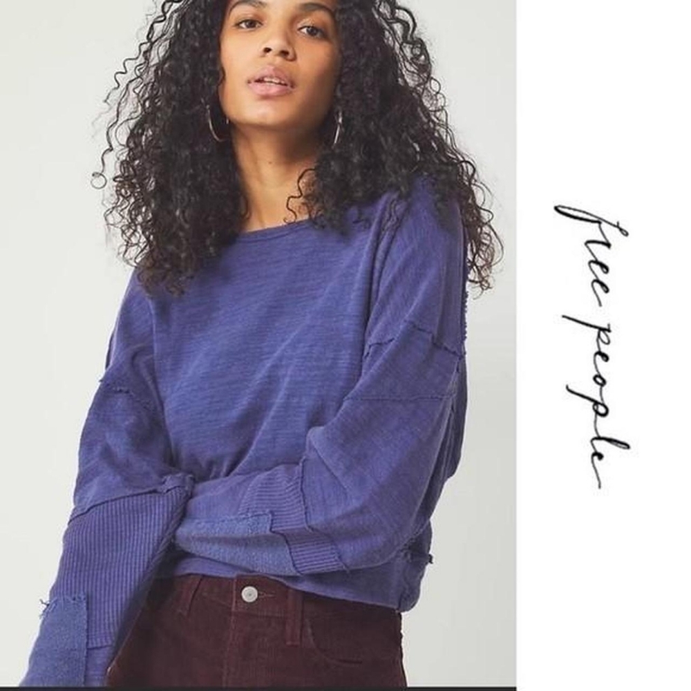 WE THE FREE Top S Patchwork Slub Oversized Slouchy Cropped Long Sleeve Navy Blue